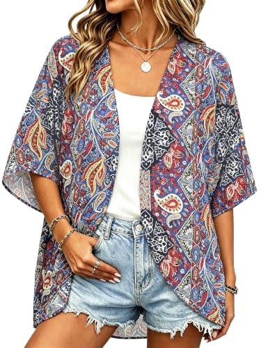 Image of Women Kimono Cardigans Casual Summer Tops Cover up Open Front Floral Print Resort Wear 2026