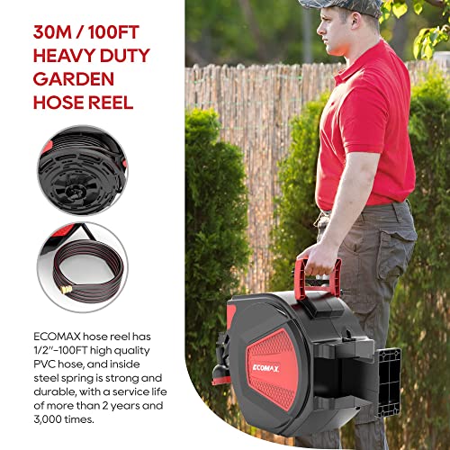 Ecomax Elg09 1/2In. X 100Ft Retractable Garden Hose Reel, Heavy Duty Water Hose Reels, Any Length Lock, Slow Return System, 8 Pattern Hose Nozzle, Wall-Mounted & 180° Swivel Bracket, Black & Red #TOP4