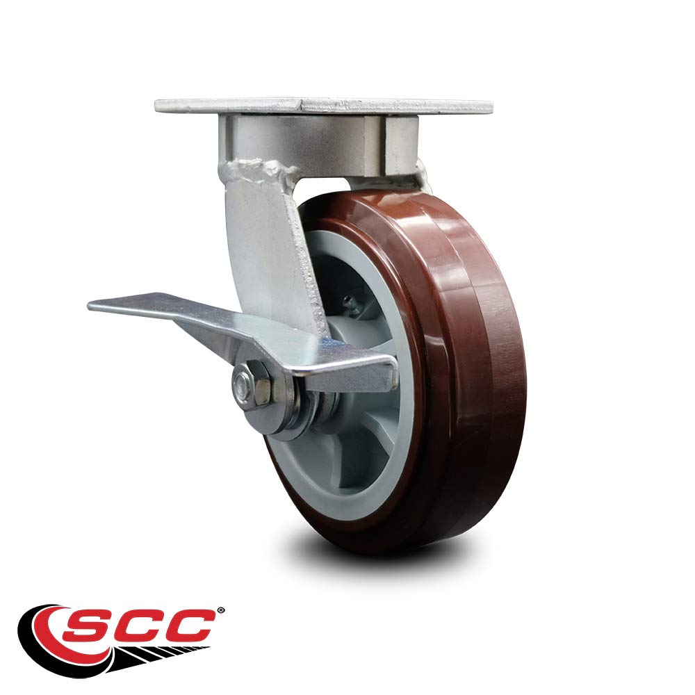 Kingpinless Polyurethane on Polyolefin Swivel Top Plate Caster w/6" x 2" Maroon Wheel & Side Lck Brake - 900 lbs Capacity/Caster - Service Caster Brand