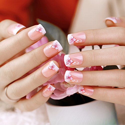 ArtPlus 24pcs Sakura Glittering Elegant Touch French Manicure False Nails with Glue Full Cover Medium Length Fake Nails Art