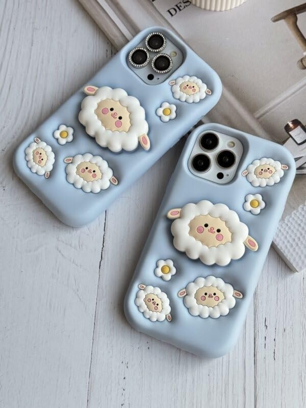 Image of COVERLY for iPhone 15 Pro Max 3D Cartoon Sheep Flock Case,Full Protective Funda Trendy Cloud Animal Back Case with Holder Cute Soft Silicone Fashion Aesthetic Cover for Apple iPhone 15 Pro Max