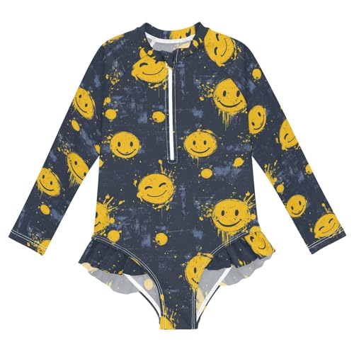 Funny Smiley Faces Girls Long Sleeve Swimsuit UPF 50+ Rashguard Swimwear One Piece Bathing Suit for 3-12 21220952