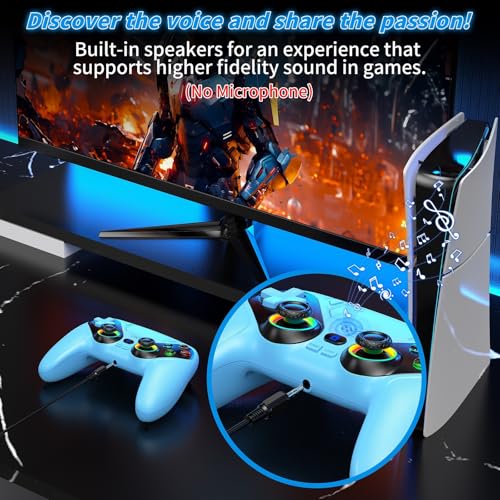 Image of Gamrombo LED Wireless Controller for PS5, Compatible with PS5 Pro /Slim /PC, Dual Vibration, Macro /Turbo Function, 3.5mm Audio Jack, 6-Axis Motion Control Gamepad with Speaker(Azure)