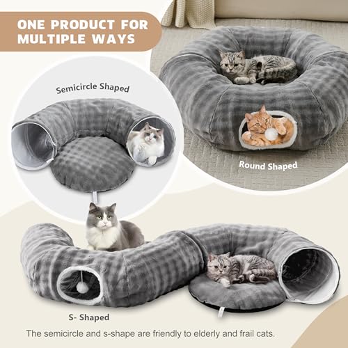 Image of Bubble Cat Tunnel for Indoor Cats, Round Peekaboo Cave Toy with Dangling Balls, Donut Tunnel Bed with Circle Mat for Puppy Kitten Rabbit, Grey