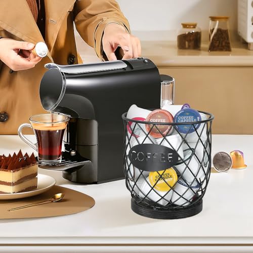Image of YINMIT K Cup Holder Organizer, Sturdy Coffee Pod Holder Organizer, 35 Kcup Large Capacity Storage Basket for Kitchen Counter and Office Desktop (Black-Circular)