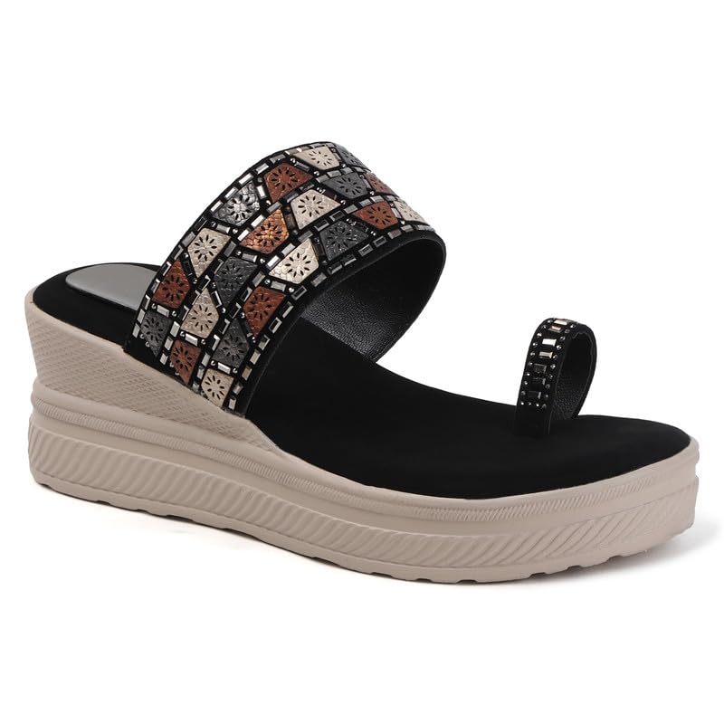 Women Wedge Sandals Crystal Stone Embellished Thong Sandals 2 Inch Lightweight Wedge Heel Synthetic Upper Anti-Slip Rubber Sole Black-image-17