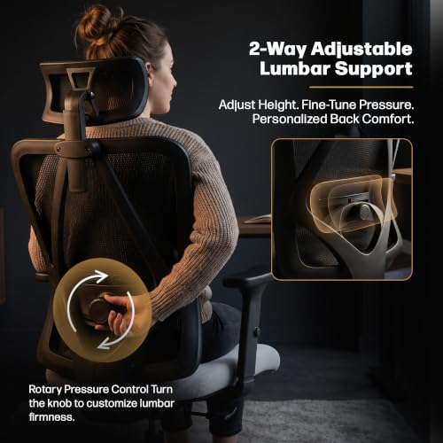 Image of DROGO Ergonaut Ergonomic Office Chair for Work from Home | Computer Chair with 2D Headrest, Armrests & Adjustable Lumbar Support | Breathable Mesh with 120 Recline, 1-Year Warranty (Black & Grey)