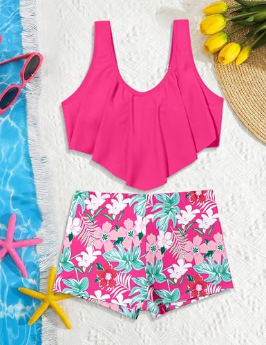 Image of NECIOUS Girls Swimsuit 2 Piece Kids Girl Bathing Suit Szie 7-8 Ruffle Girls' Swimwear Floral Print Shorts Cute Bikini Set Pink