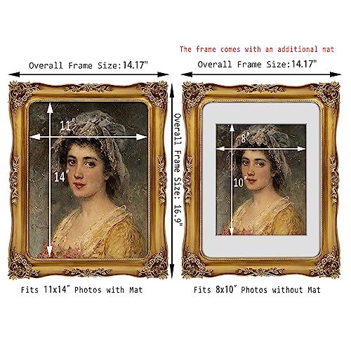 Image of 11x14 Picture Frame Gold Vintage Picture Frames Antique 11 x 14 | Matted to 8x10 Photo, Real Glass, Wall Display