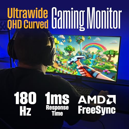 Image of Westinghouse 34 Inch Curved Gaming Monitor, 2K Ultra-WQHD(3440x1440P), AMD FreeSync Premium, 3000:1 Contrast Ratio, 122% sRGB, 180Hz, 1ms, 1500R, Eyecare, Built-in Speakers, DisplayPortx2, HDMIx2