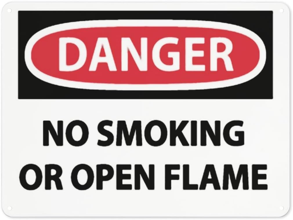 Warning Notice Danger No Smoking Or Open Flame Rust Free Aluminum Tin Sign - Traffic Safety Decor with Pre-Drilled Holes for Workplace, Flammable Zone - 12x8 Inch​