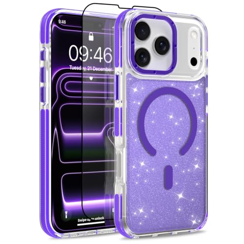 Image of Magnetic Case for iPhone 17 Pro Max [Compatible with Magsafe] [Bling Glitter Fluorescent Design] [1 Screen Protector] Slim Translucent Matte Case for iPhone 17 Pro Max 6.9 inch 2025, Purple
