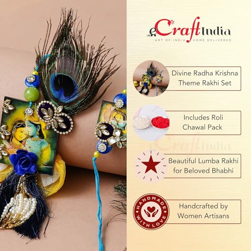 Image of eCraftIndia Radha Krishna Designer Rakhis for Brother and Bhabhi | Bhaiya Bhabhi Rakhi Set of 2 | Lumba Rakhi for Bhabhi | Best Bro Ever Fridge Magnet | Roli Chawal Pack