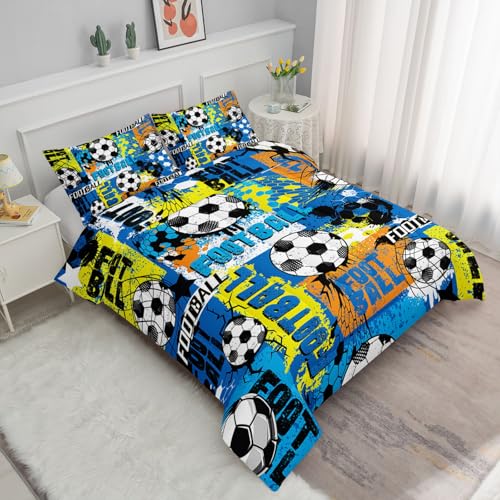 Image of American Soccer Comforter Set Sport Themed Graffiti Printed Bedding Set with 1 Comforter and 2 Pillowcases for Boys and Girls Bedroom All Season(Soccer-2 Full)