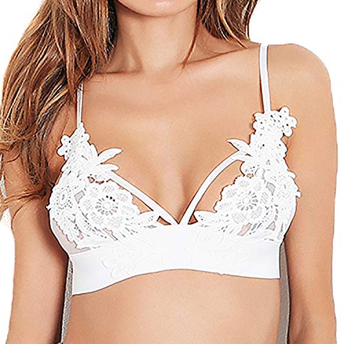 BellisMira Brasier Triángulo Floral Bralette en Delicado Encaje Sujetador sin Almohadillas por Copas A-C, Blanco,XL