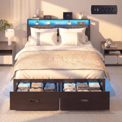 Image of Queen Bed Frame with 2 Drawers, Platform Bed Frame with LED Lights and Charging Station, Upholstered Headboard, Heavy Duty Metal Slats, No Box Spring Needed, Noise Free, Easy Assembly