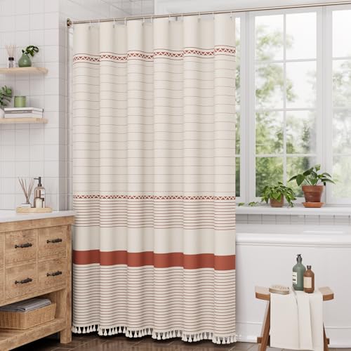 Image of AmazerBath Boho Shower Curtain, Modern Farmhouse Shower Curtain Set with Tassels, Rustic Faux Linen Red Striped Shower Curtain with Hooks, Light Tan Toned, 72x72 Inches