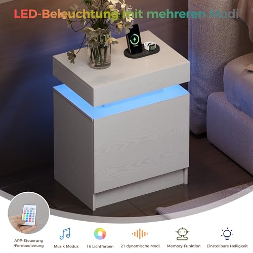 IRONCK Nachttisch Weiß mit LED, Moderne Nachtschrank mit Ladefunktion – Ansicht 4