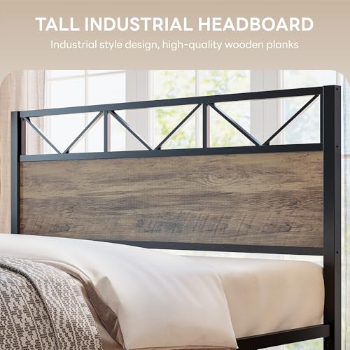 Image of LIKIMIO California King Bed Frame, Tall Industrial Headboard 51.1 inch, Platform Bed Frame with Strong Metal Support, Solid and Stable, Noise Free, No Box Spring Needed, Easy Assembly, Rustic Maple