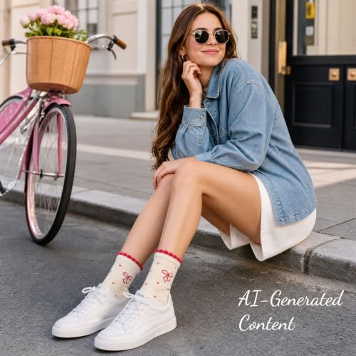Image of Women's Cute Crew Socks, Casual Athletic Cotton Bowknot Cherry Calf Novelty Socks for Women