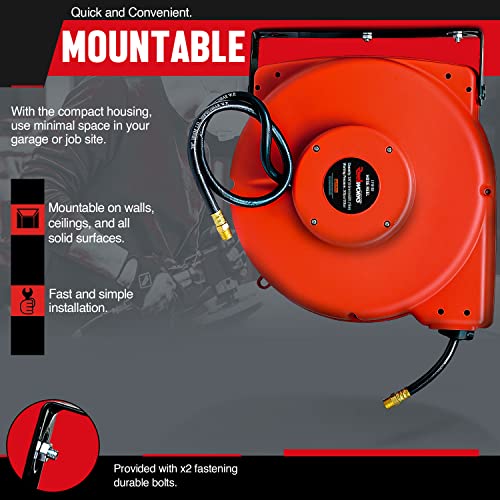 ReelWorks Air Hose Reel Retractable 3/8" Inch x 50' Foot Hybrid Polymer Hose Max 300PSI Commercial Polypropylene Construction - Thumbnail 4