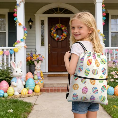 Image of Easter Eggs Drawstring Bag, Waterproof Drawstring Bckpack for Gym Sports Easter Party Gift, Women Men Sackpack Bag with Front Zipper Pocket and Inside Zipper Pocket