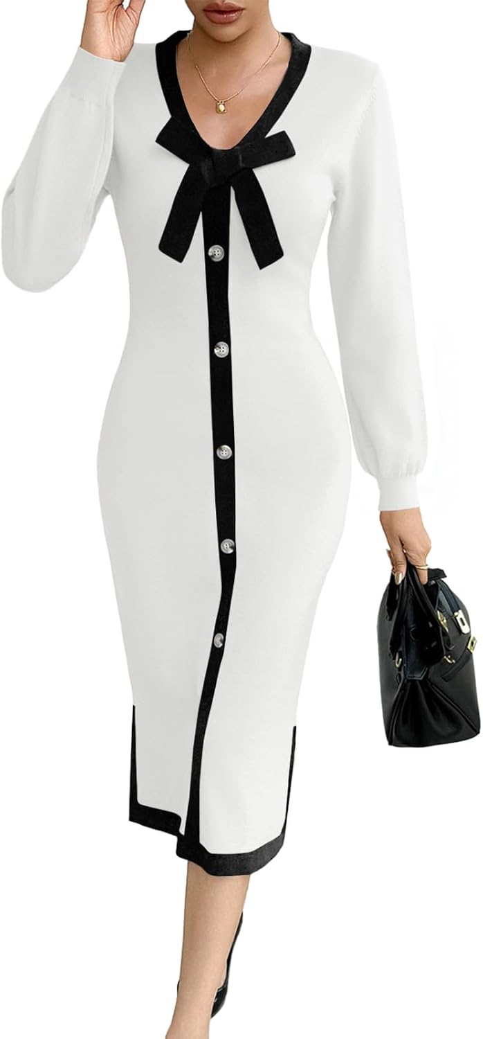Wenrine Womens V Neck Sweater Dress Fall Long Sleeve Button Knit Bodycon Color Block Bow Tie Elegant Midi Dresses
