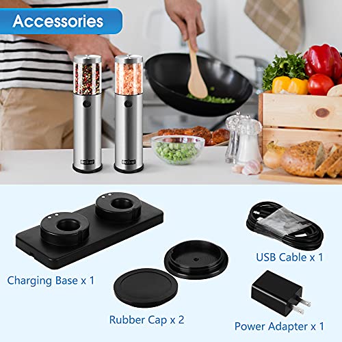 Prime, Electric Salt And Pepper Grinder Set, 2 Mills, Rechargeable, With Charging Base, Usb Cable, Power Adapter, Automatic Tact Switch Operation, Adjustable Coarseness, Stainless Steel (Ver. 2.2) #TOP5