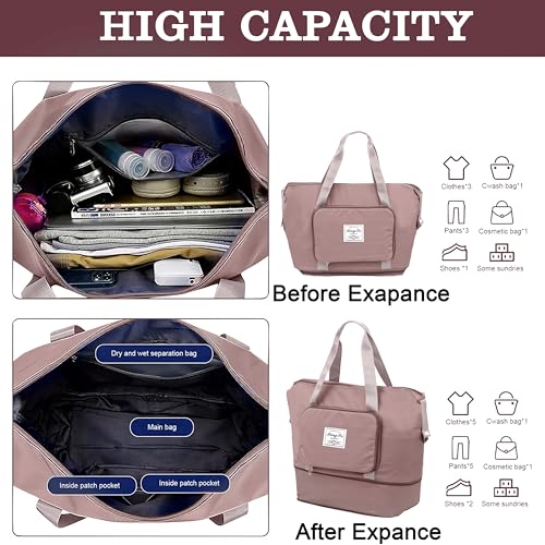 Image of Storite Nylon Imported Foldable Travel Duffle Bag for Women, Expandable Lightweight Waterproof Carry Weekender Overnight Luggage Bag (Style1, Peach Pink)