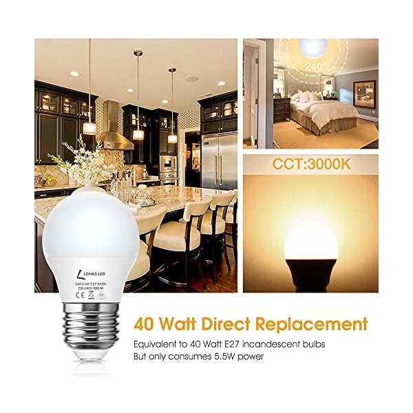 LOHAS E27 LED Lampe, 5.5W G45 LED Leuchtmittel, Ersatz für 40W Glühbirne, 3000K Warmweiß, 500LM, Nicht Dimmbar, 220-240V… – Bild 6
