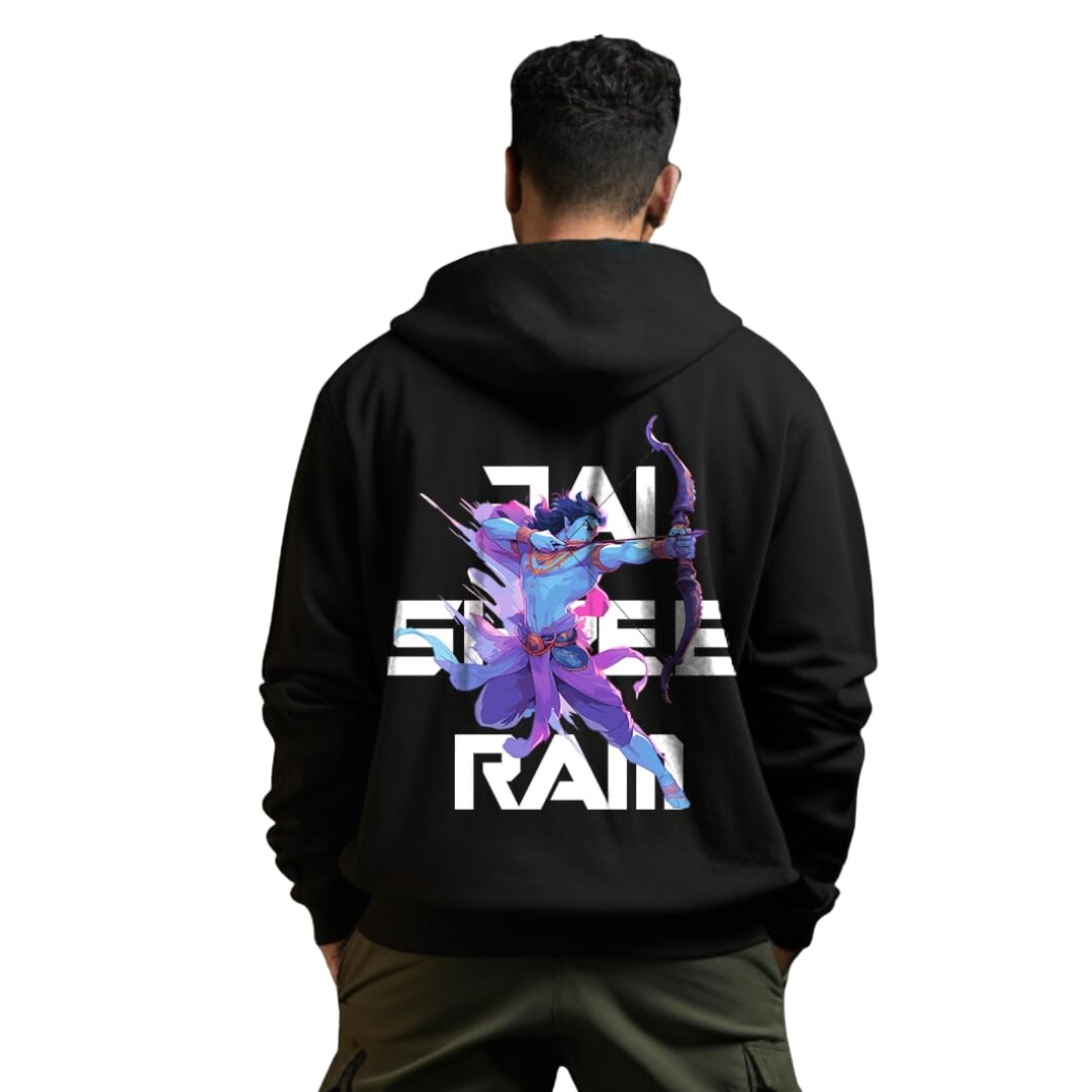 Prabhubhakti Men's Shree Ram Printed Black Hoodie | Pullover Full Sleeve Hoodies Full for Men