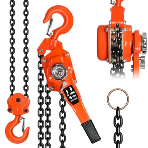 Lever Chain Hoist 6 Tonne 20ft Lift Range Anti-Drop Gear Structure G80 Zinc Plated Chain Chain Hoist, Rugged One-Piece Forged Mechanism, Dual Pawl Safety Braking Hand Chain Hoist, for Factory, Mines