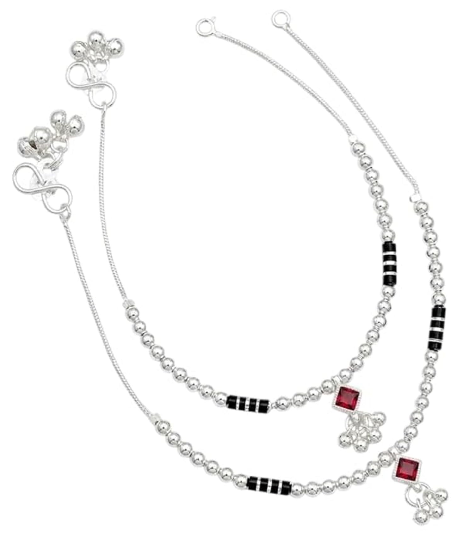 Silver Beaded Anklet for Women | Black Beads with Red Stone Charm Designer Payal | Adjustable Traditional & Modern Ankle Bracelet | Ethnic Jewellery Gift for Girls & Women-image-13