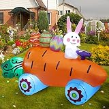 Sancodee 6 FT Long Easter Inflatable Bunny on Carrot Cart with Easter Eggs, Easter Blow up Yard Deco
