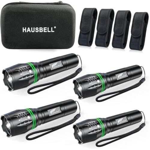 HAUSBELL T8 A100 2000 Lumen Flashlight 4 Pack with Glow-in-Dark Ring, Heavy-Duty Aluminum Tactical Flashlights High Lumens, 5 Modes Zoomable Waterproof LED for Emergency Camping Hiking Home Use