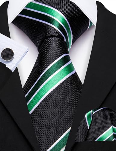 Image of Barry.Wang Man Stripe Ties Set Silk Woven Pocket Square Necktie Cufflinks Formal Party Business