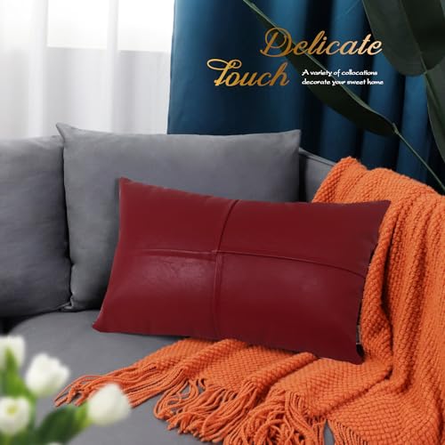 Image of BRAWARM Faux Leather Throw Pillow Covers 12 X 20 Inches, Deep Red Leather Lumbar Pillow Covers Pack of 2, Hand Stitched Leather Decorative Throw Pillows for Couch Sofa Bed Living Room Home Garden