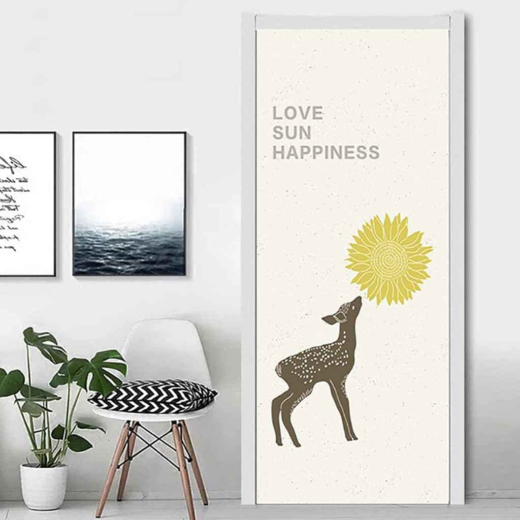 3D DIY Self-Adhesive Interior Door Stickers Cartoon Deer with Yellow Flowers 85 X 215 Cm - Peel and Stick 2Pc Door Wall Decal Murals PVC Waterproof Removable Door Wallpaper for Living Room Children's