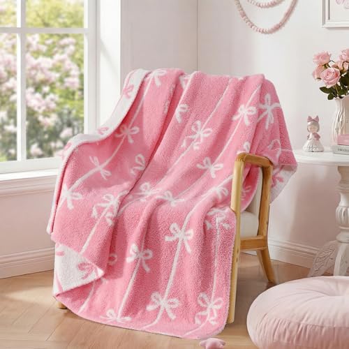 Wink Deer Pink Bow Throw Blanket - Soft Stripe Throw for Women Girls Teens Kids as Gifts Cozy Fuzzy Reversible Home Decor Blankets for Couch Sofa Bed Camping 50x60