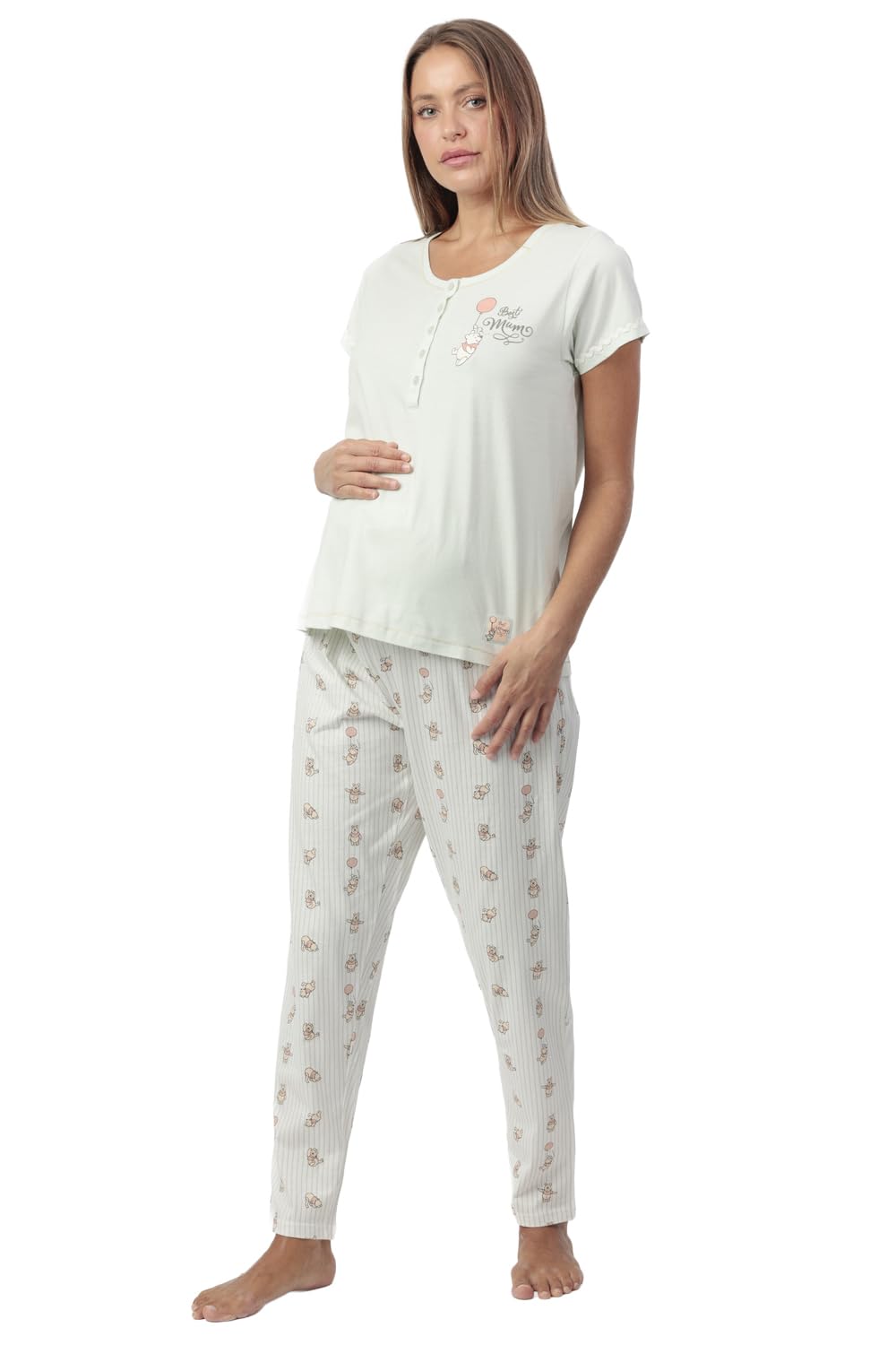 Disney Pijama Mujer Winnie Maternity de algodón con Manga Corta Cuello con Tapeta Botones pantalón Largo puntilla lencera y Relieve Color Verde Talla XXL