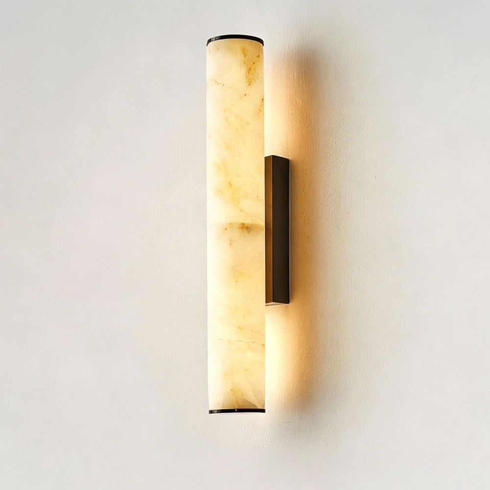 JISHUBO 19.7 Inch Cylindrical Alabaster Wall Sconce, Modern Industrial Indoor Wall Lamp, Natural Marble Hardwired Wall Light, Living Room Bedroom Balcony Wall Mounted Light Fixtures