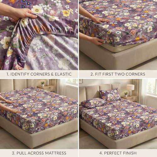 Image of VAS COLLECTIONS Double Bed 160 TC Cloud Cotton Fitted Bedsheet (78x72+10 Inches) | Elastic Deep Pocket Cotton Bed Sheet | Soft, Breathable Bedding for Home & Hotel (Purple Petal Harmony)