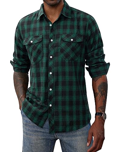 PJ PAUL JONES Mens Flannel Plaid Button Down Shirts Western Cowboy Long Sleeve Regular Fit Shirts Dark Green XX-Large