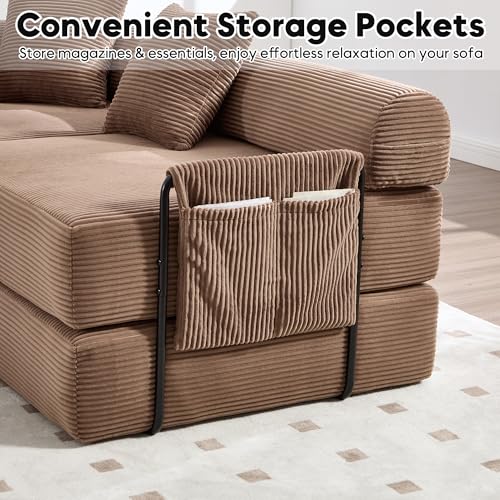 Image of L-Shape Modular Sectional Sofa Bed, Corduroy Boneless Couch, Brown