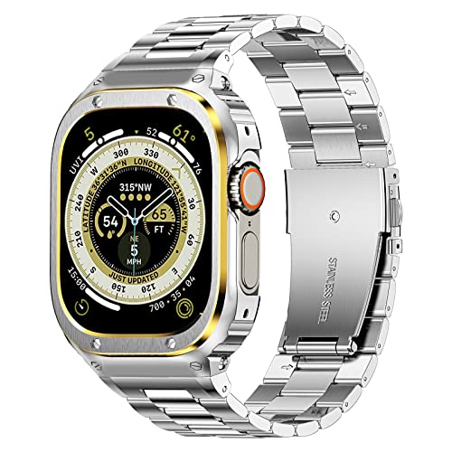 Image of MioHHR Stainless Steel Band and Case Compatible with Apple Watch Band 49mm | Men Metal Protective Bumper Cover with Straps for iWatch 49mm Series Ultra 3, Ultra 2, Ultra, Silver /Gold
