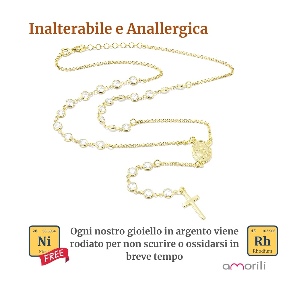 Collana Rosario Donna in Argento 925 Dorato con Postine di Zirconi Bianchi – Gioiello Religioso Cattolico Cristiano con Croce e Medaglia Miracolosa – Simbolo di Fede Elegante cll0827