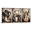 Biuteawal 3 Pieces Cowboy Wall Art American West Rodeo Cowboy Hat Boots Pictures Poster Guitar Painting on Canvas Beige Vintage Artwork Stretched for Home Office Bedroom Decoration
