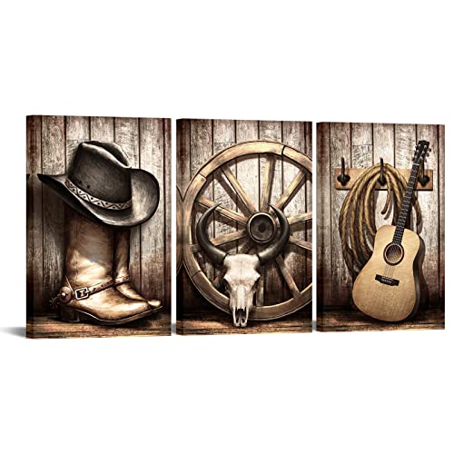 Biuteawal 3 Pieces Cowboy Wall Art American West Rodeo Cowboy Hat Boots Pictures Poster Guitar Painting on Canvas Beige Vintage Artwork Stretched for Home Office Bedroom Decoration