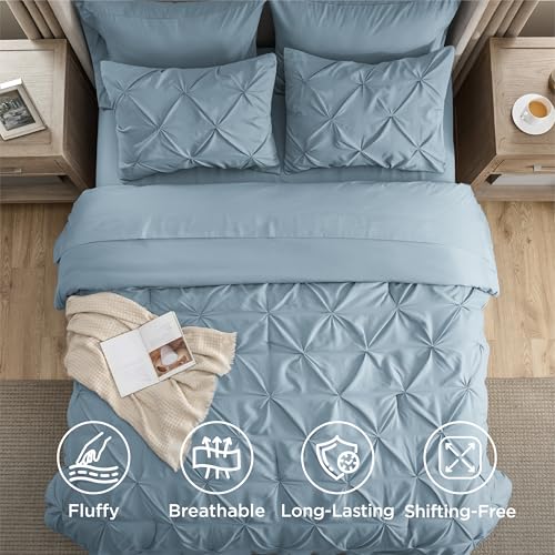 Image of Bedsure King Size Comforter Set Light Blue - Bed in a Bag Bedding Set 7 Pieces, GentleSoft Pintuck Bed Set Gift for Family, All Season Down Alternative Comforter with Sheets, Pillowcases & Shams
