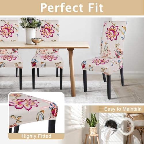 Image of SearchI Printed Dining Room Chair Covers Set of 6, Stretch Kitchen Chair Covers Washable Parsons Chair Slipcover Removable Dining Chair Protectors for Hotel,Ceremony(Flower Pattern)